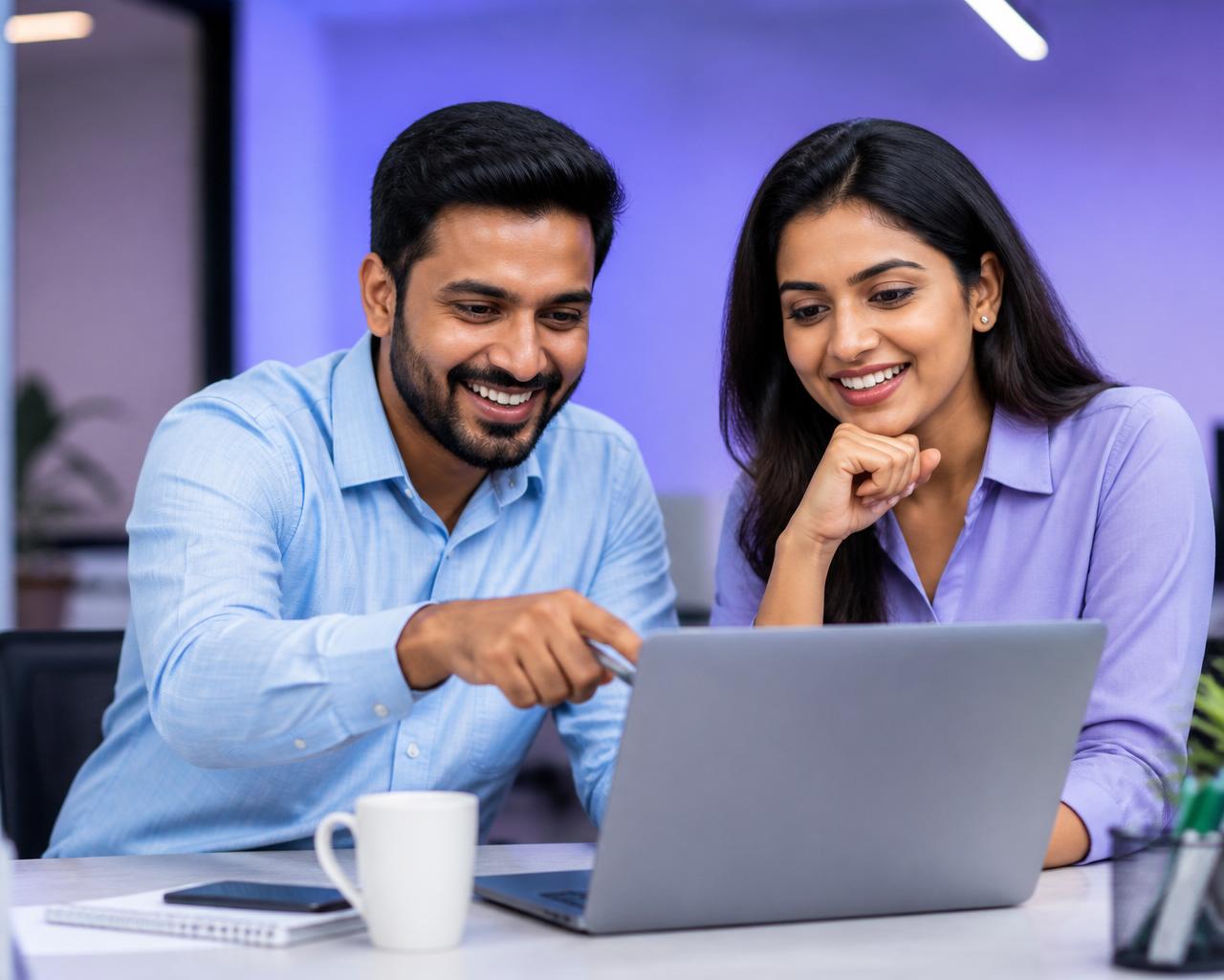 Happy business analysts collaborating on IT Assistant